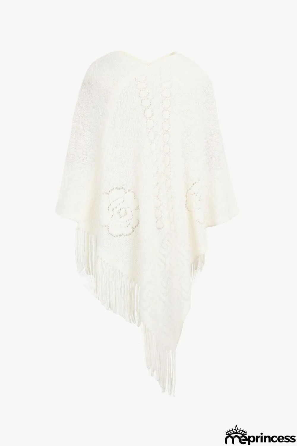 Pearl Trim Fringe Hem Poncho