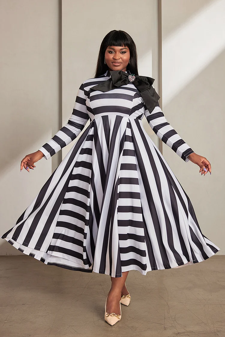 Xpluswear Design Plus Size Semi Formal Maxi Dresses Elegant Black White Striped Fall Winter Mock Neck Long Sleeve Bow Tie Knitted Maxi Dresses [Pre-Order]