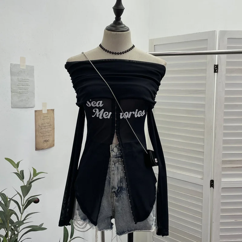 Nigikala Nigikala Picts Single-Layer Mesh Yarn Micro-Sleeved T-Shirt Word Shoulder-Pollid Letter Open Fork Top 1180