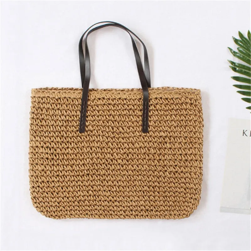 Women Summer Beach Vintage Handmade Knitted Straw Rattan Bag Large Shoulder Bags Boho Woven Handbag Tote Bolso Playa