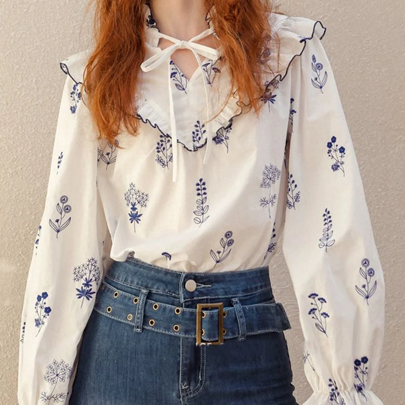 Floral Shirt Women Ruffles Casual Spring Tops  Long Sleeve Loose Sweet Lovely Korean Fashion Ropa Mujer Retro Shirt