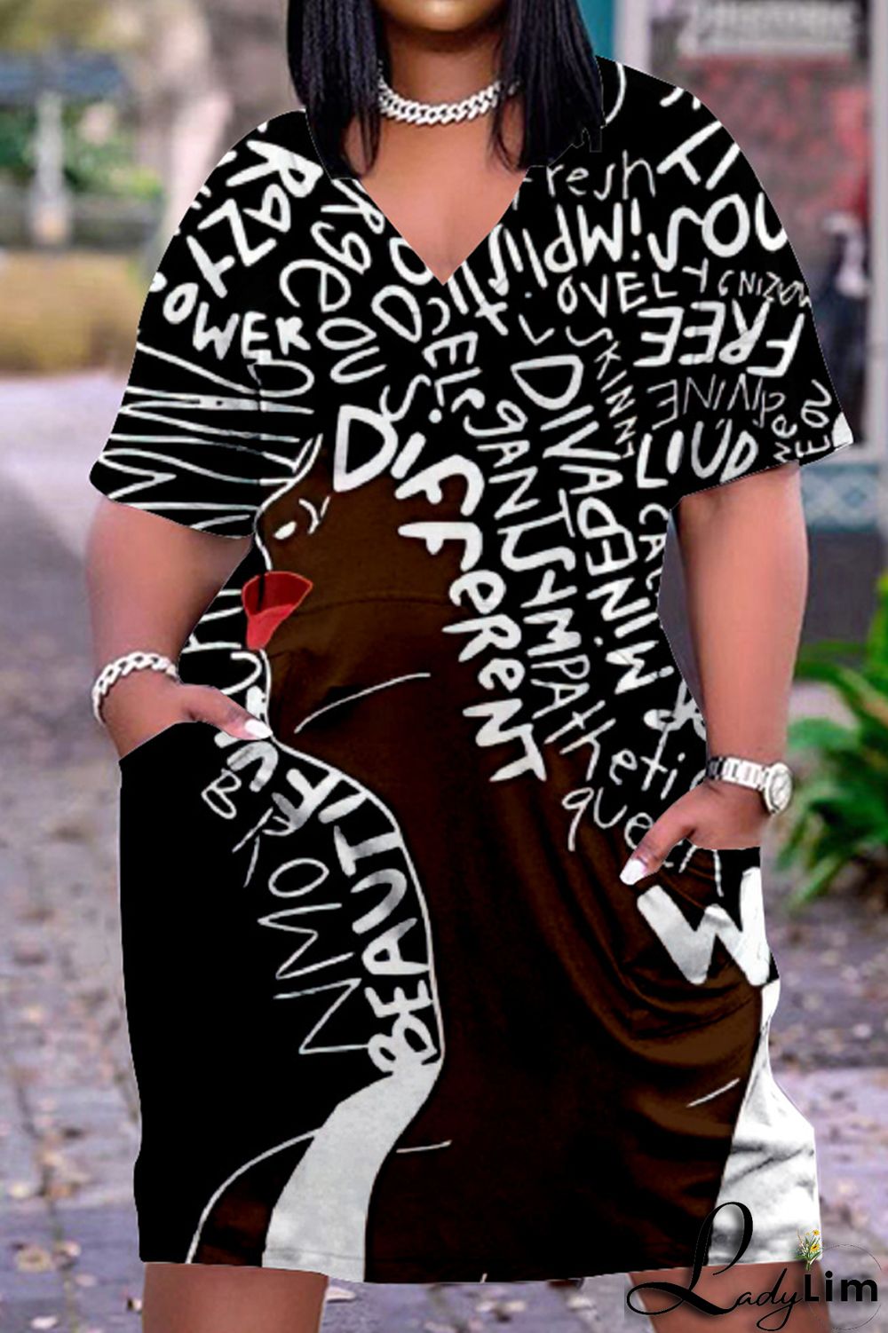 Tangerine Red Fashion Casual Print Basic V Neck Short Sleeve Dress