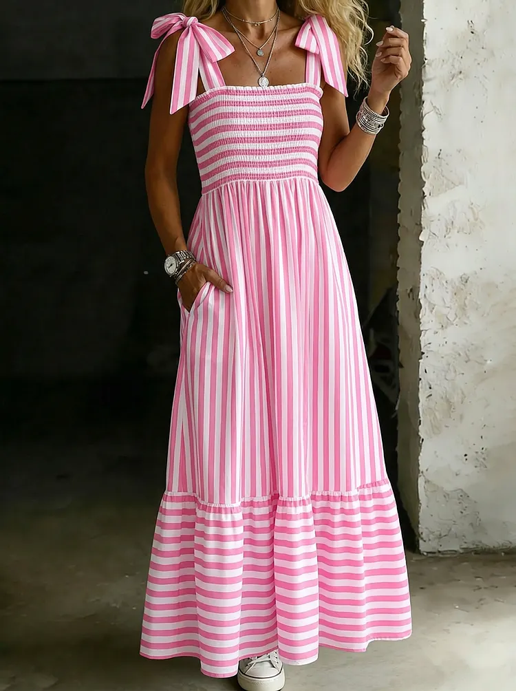 Women&rsquo;s Casual Striped Strap Tie Pocket Cotton Maxi Dress