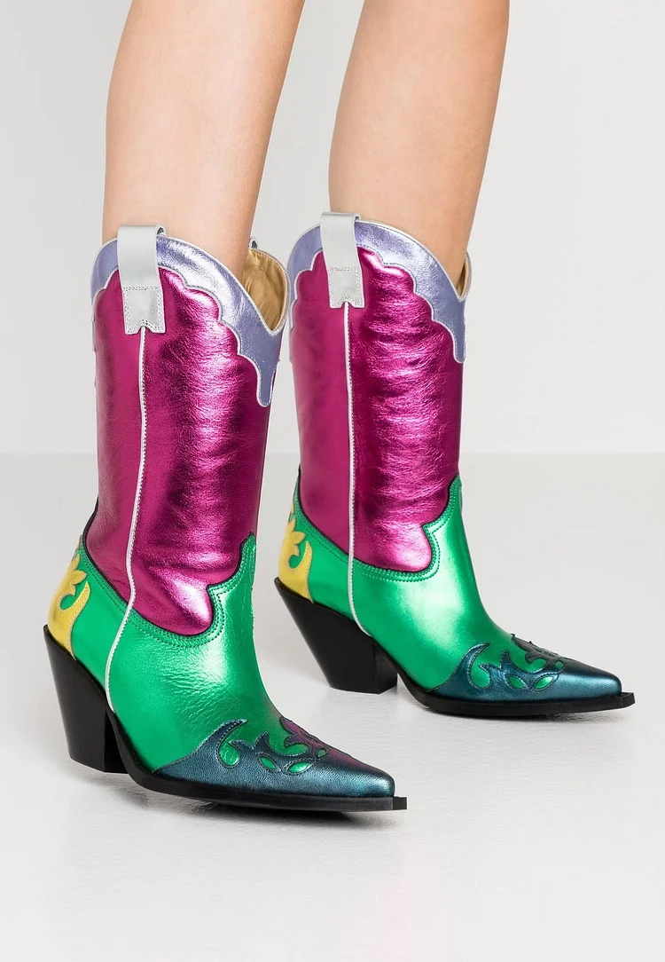 Classic Multicolor Metallic Patchwork Western Boots Vdcoo