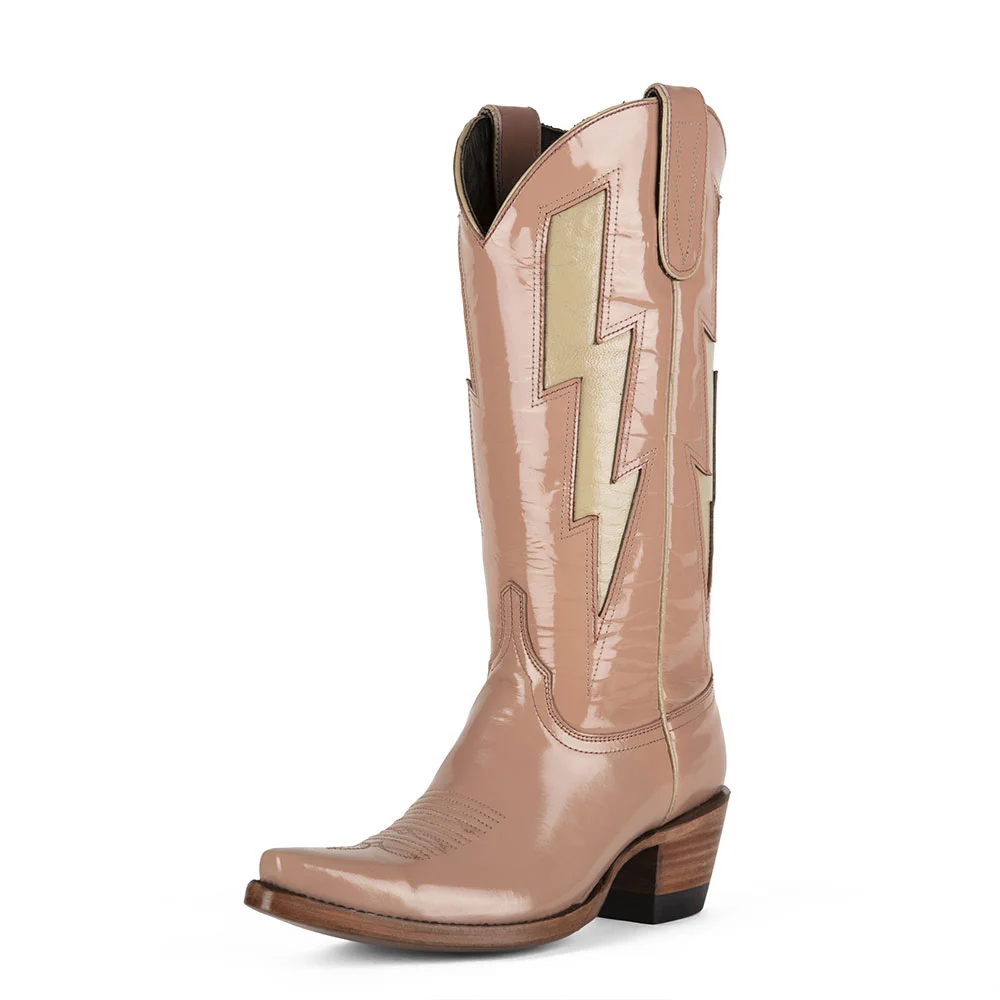 Nude Patent Leather Snip Toe Lightning Inlay Cowgirl Boots for Women