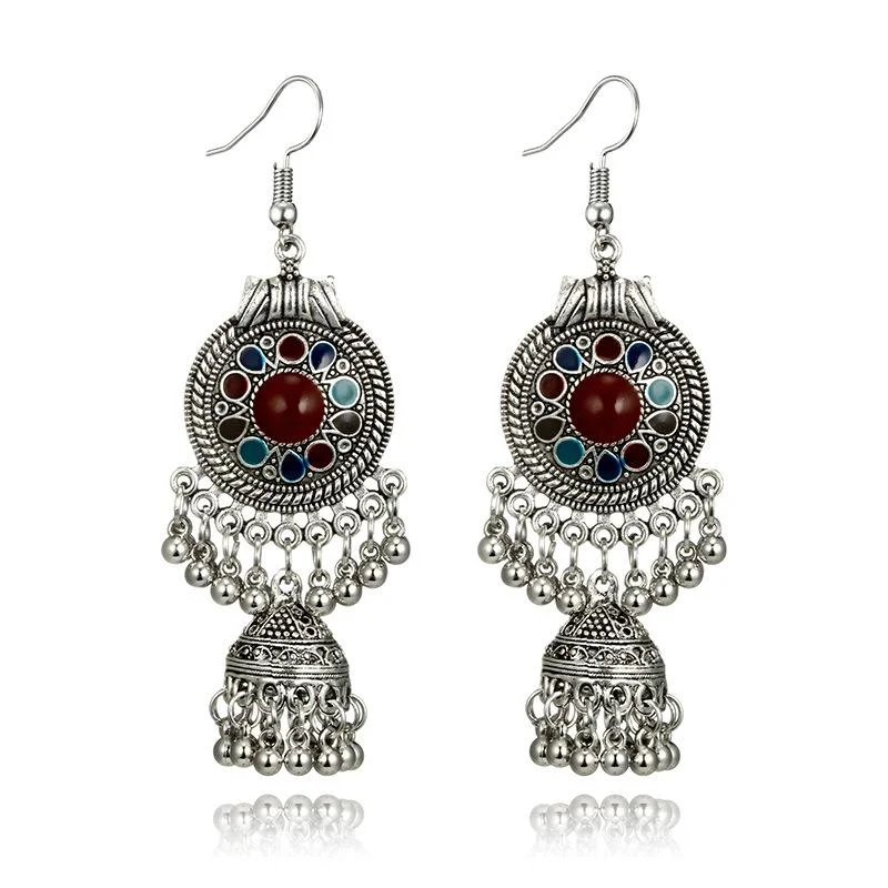 Wholesale Cheap Jewelry Bohemian Ethnic Alloy Multicolor Rice Bead Tassel Exaggerated Round Earrings