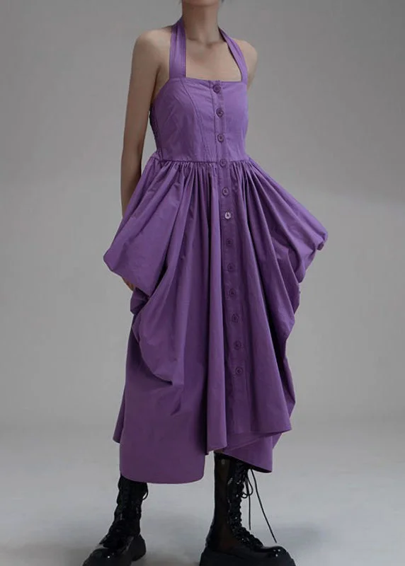 New Purple Asymmetrical Wrinkled Button Cotton Long Dress Sleeveless