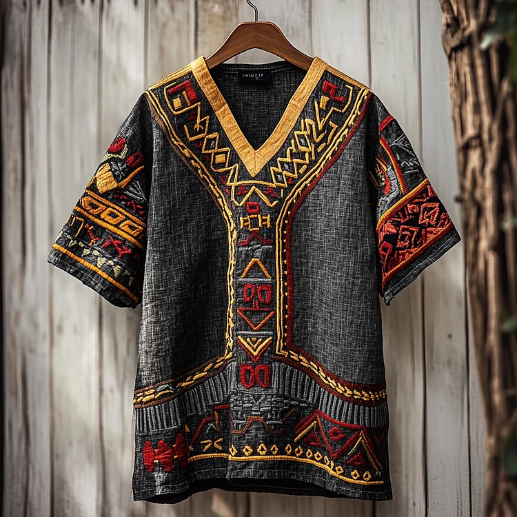 Men's Black Pride African Ethnic Geometric Juneteenth Art Print Linen T-shirt