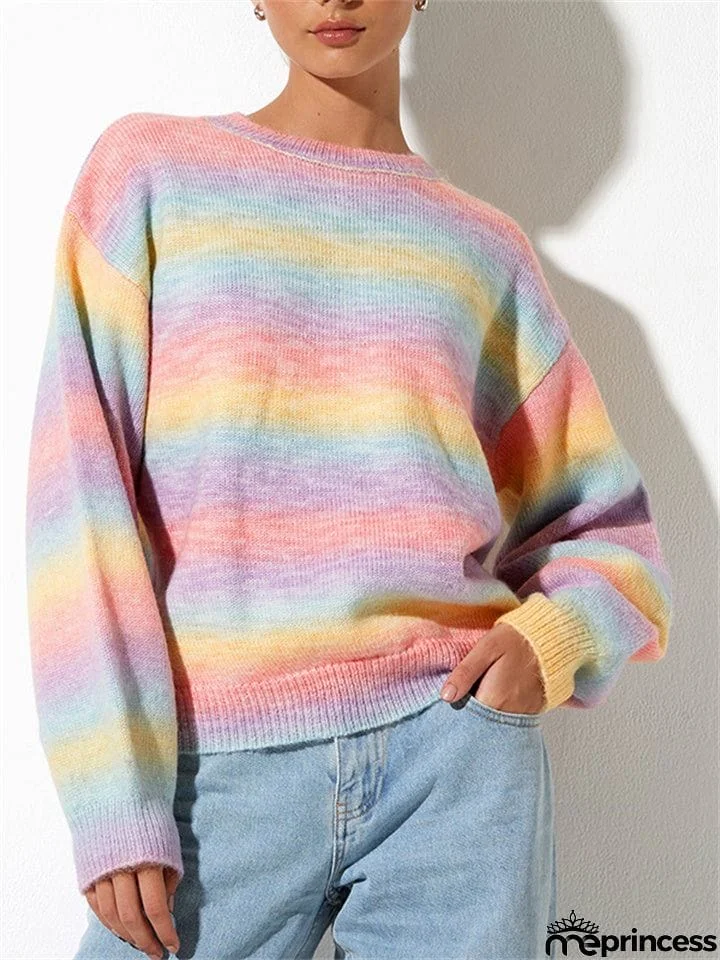 Rainbow Stripe Gradient Color Round Neck Long Sleeve Casual Jumper Sweater