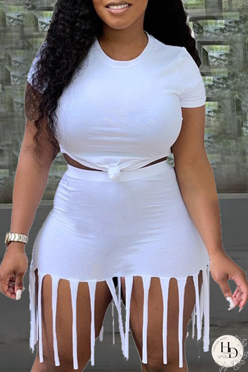 White Casual Solid Tassel O Neck Short Sleeve Two Pieces