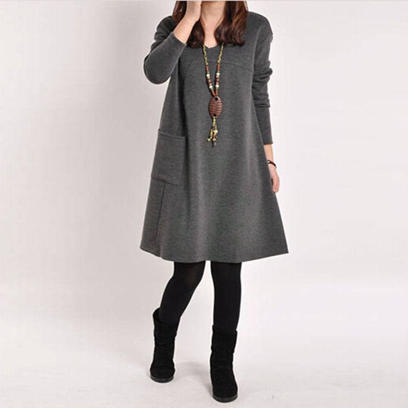 Zanzea 2022 Autumn Winter Women Long Sleeve Pocket Dress Solid O Neck Casual Loose Dresses Vestidos  S-