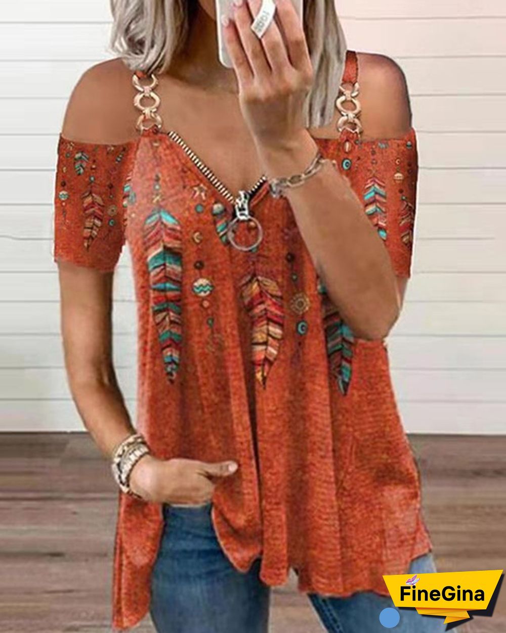 Summer New Fashion Women's Feather Printed Metal Strap Zipper V-neck Casual Strapless Short Sleeve Top Loose Plus Size Soft and Comfortable Summer T Shirt Shirt XS-5XL
