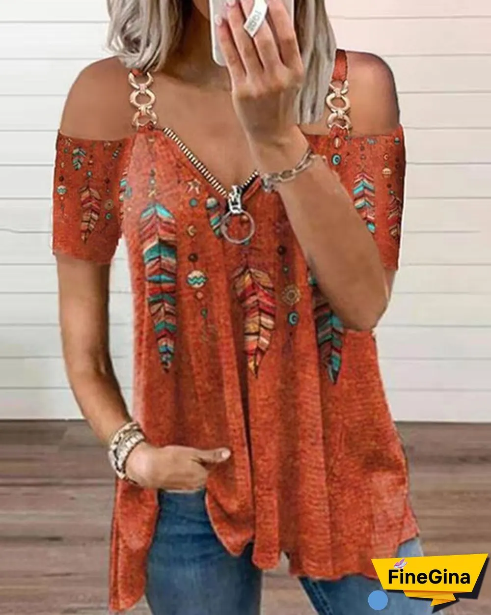Summer New Fashion Women's Feather Printed Metal Strap Zipper V-neck Casual Strapless Short Sleeve Top Loose Plus Size Soft and Comfortable Summer T Shirt Shirt XS-5XL