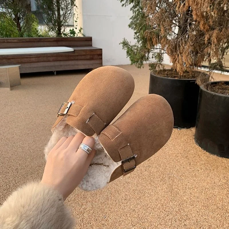 Wongn Wongn Half Slipper Female 2023 Autumn / Winter New Retro Muller Shoes Flat Casual Leather Ugly Boken Cotton Slippers