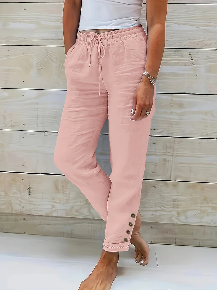 Women's Casual Solid Color Drawstring Hem Lace Button Decor Pants, Polyester, Machine Washable