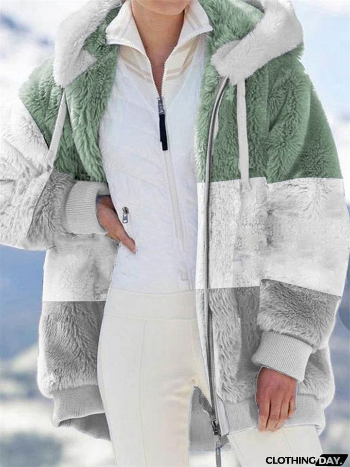 Ladies Warm Fleece Patchwork Full Zipper Hooded Coat
