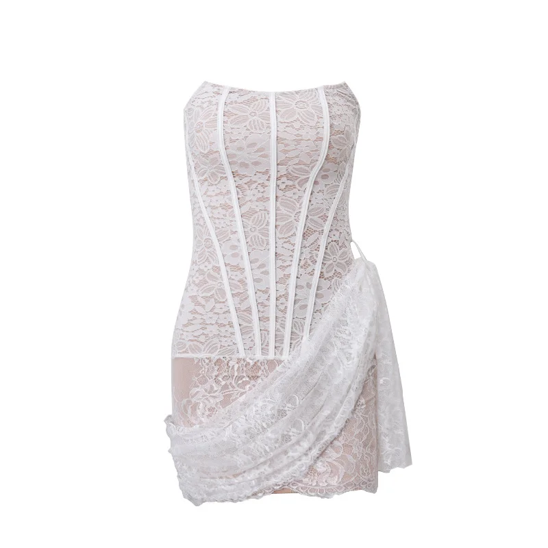 Ueong 2023 New Women's Sexy Lace Mesh A Word Shoulder Wipe Breast Micro Transparent Slim Dress Woman