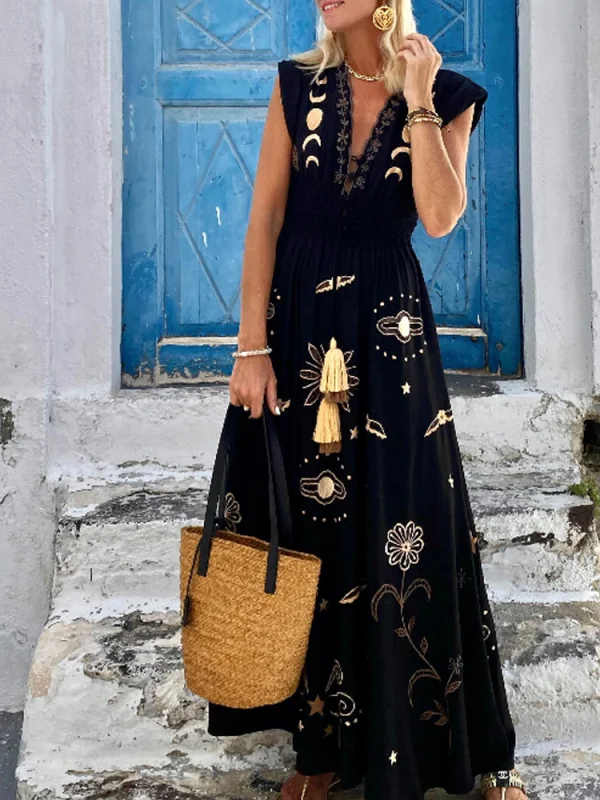 Women's deep V-button printed sleeveless dress