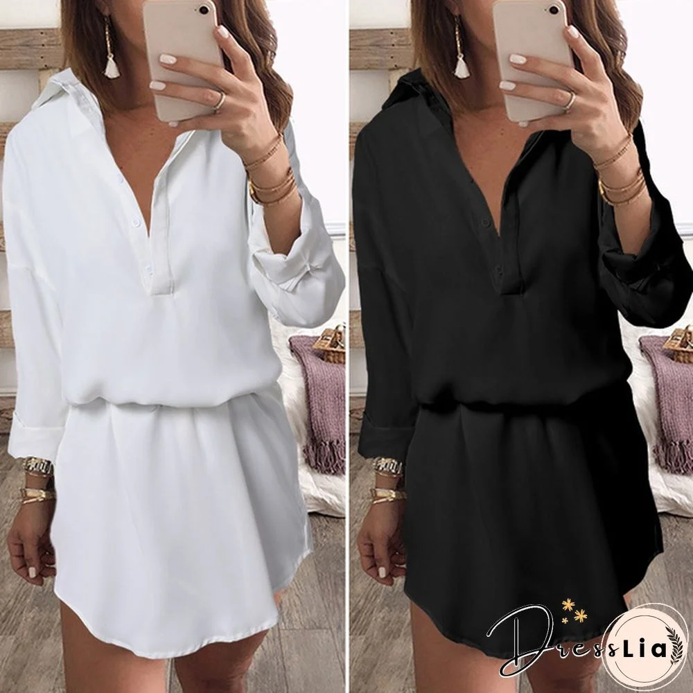 Women Casual Loose Mini Shirt Dress Long Sleeve Lapel Button Up Elegant Office Party Short Dress Plus Size