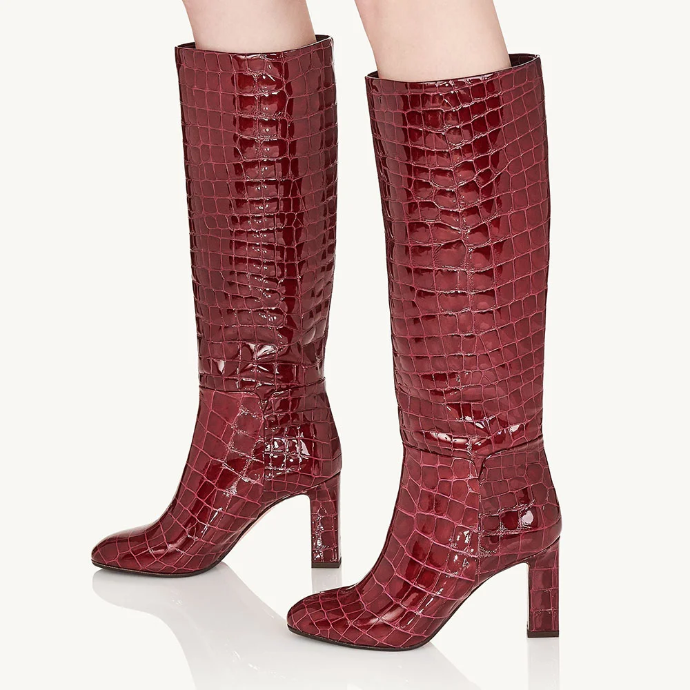 Brown Patent Leather Round Toe Wide Calf Croc-Embossed Knee High Side-Zip Boots With Chunky Heels Nicepairs