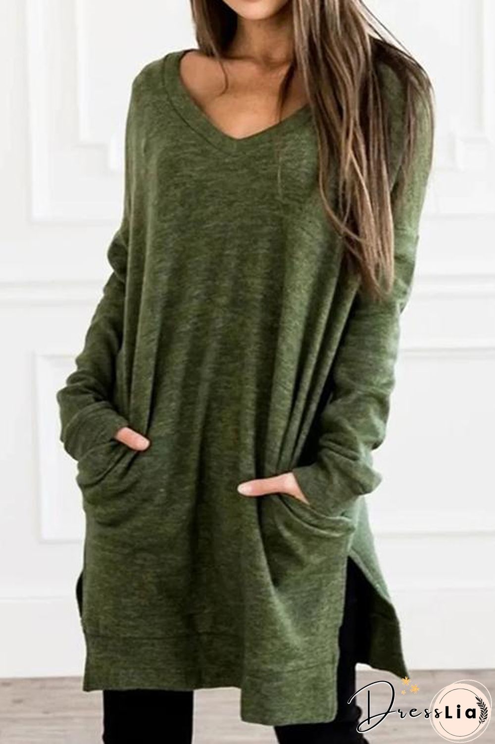 Pockets Slit V Neck Hoodie Dress