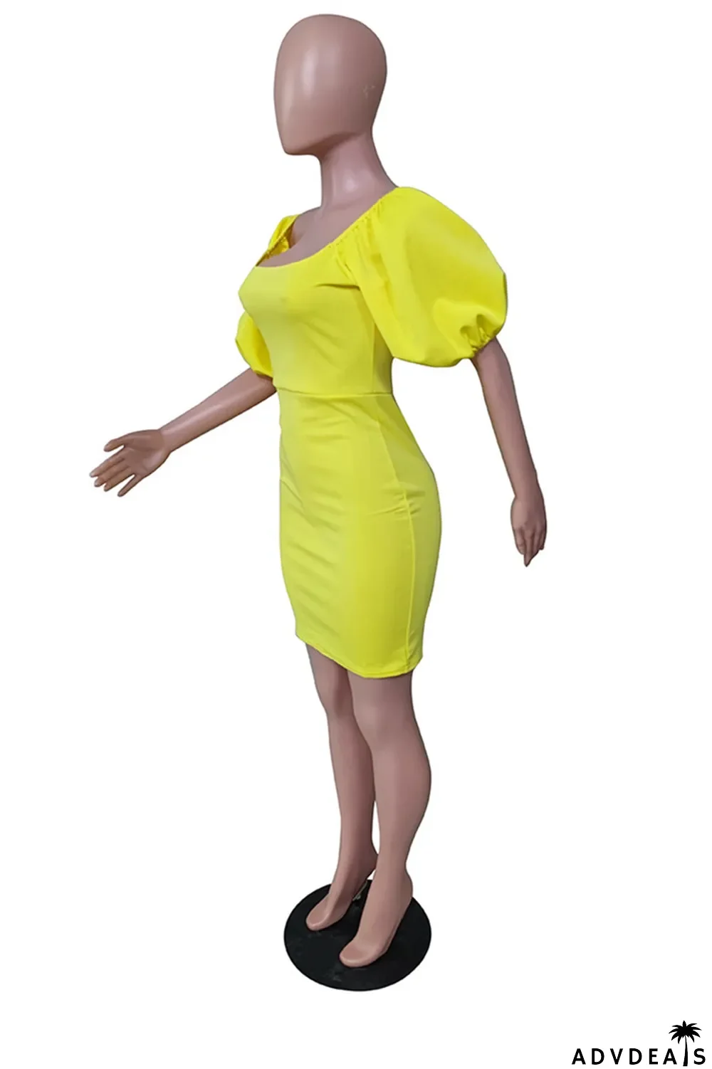 Yellow Sexy Casual Solid Basic Square Collar Short Sleeve Dress