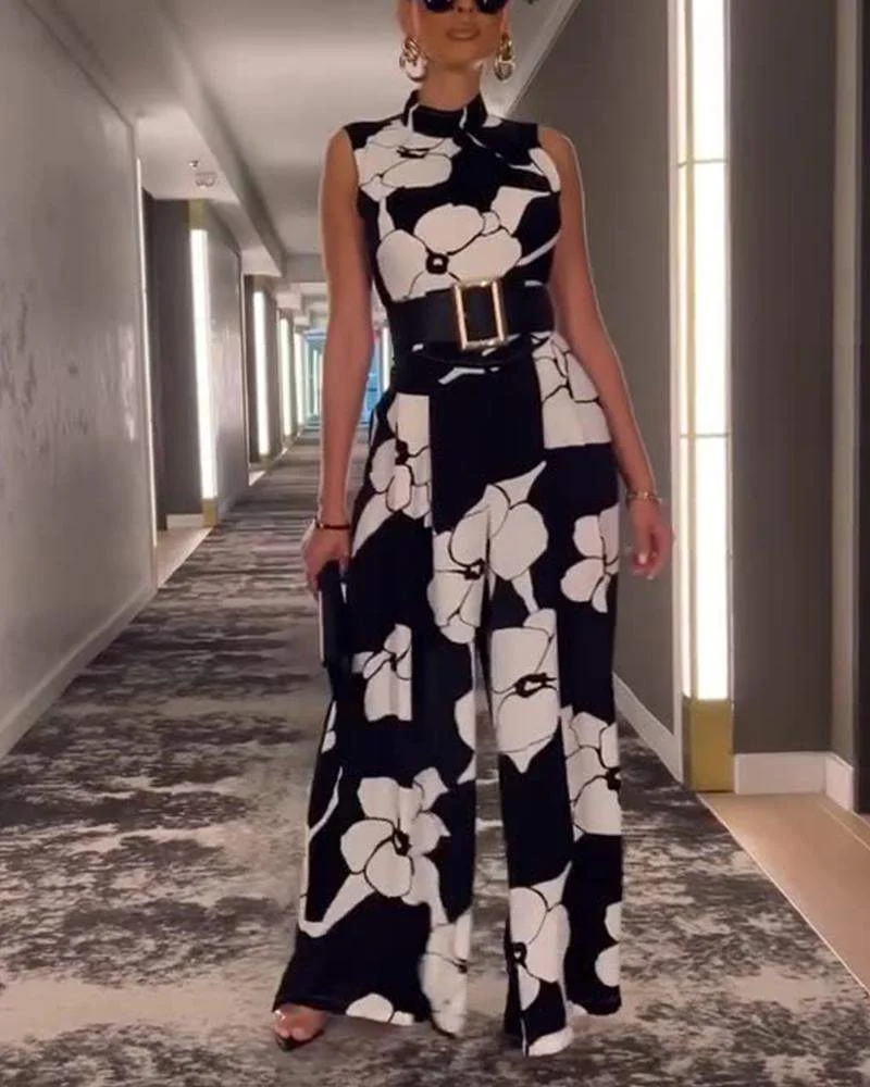 Temperament Printed Wide Leg Casual Jumpsuit