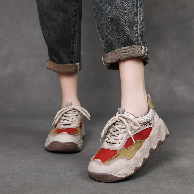 Yyvonne Layer Cow Skin 2025 Autumn New High Soft-Soled Soft-Sided Casual Sports Women's Shoes Old Dad Shoes Round Head