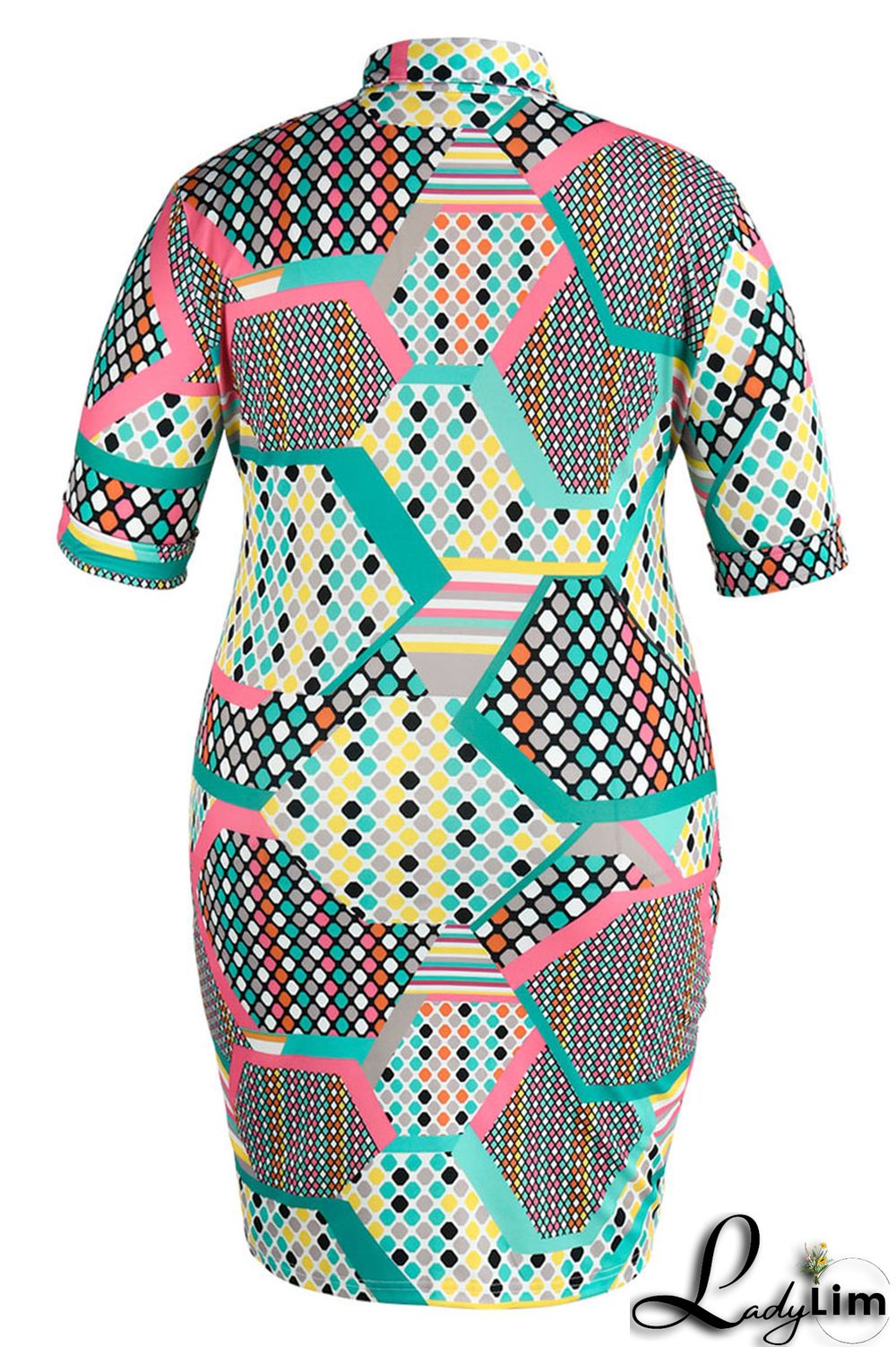 Blue Casual Print Patchwork Buckle Turndown Collar Shirt Dress Plus Size Dresses