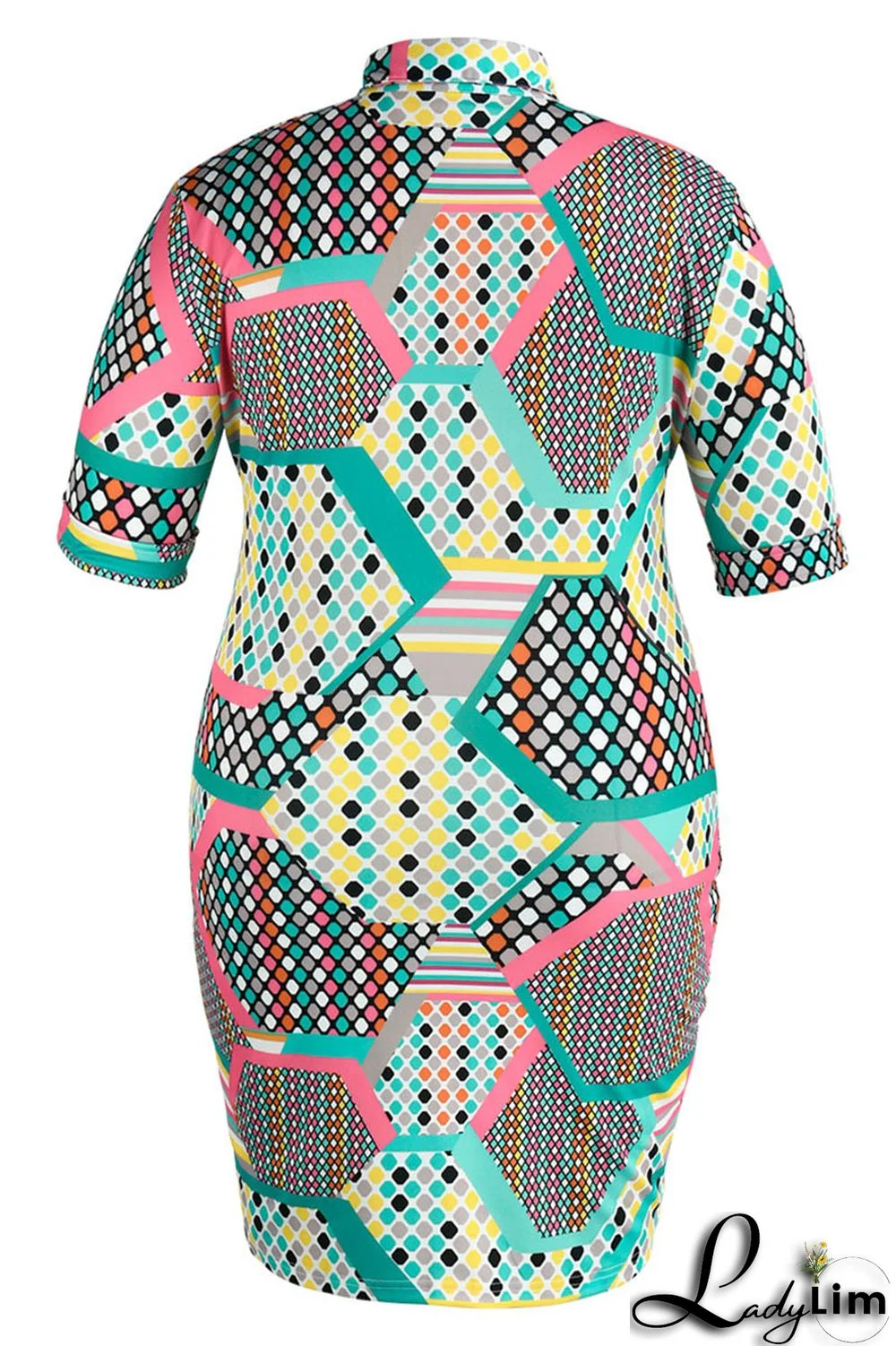 Blue Casual Print Patchwork Buckle Turndown Collar Shirt Dress Plus Size Dresses