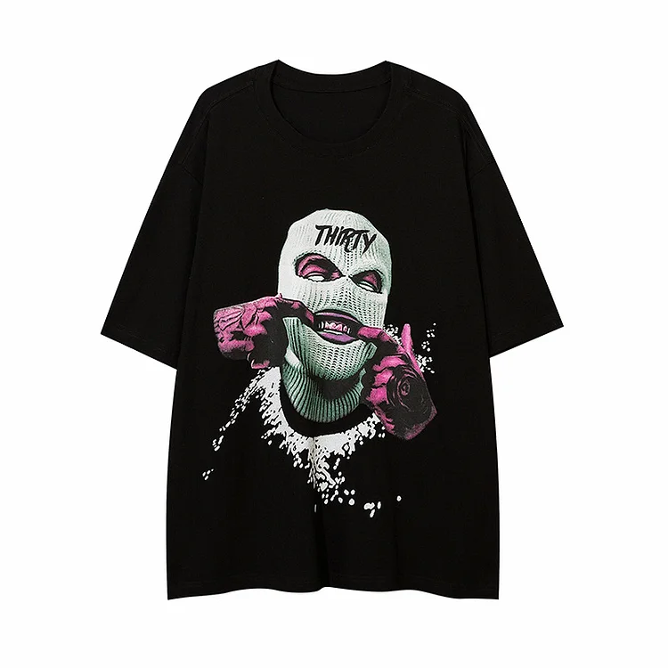 Hip Hop Streetwear Masked 3D Print T-Shirts Cotton Loose T-Shirt at Hiphopee