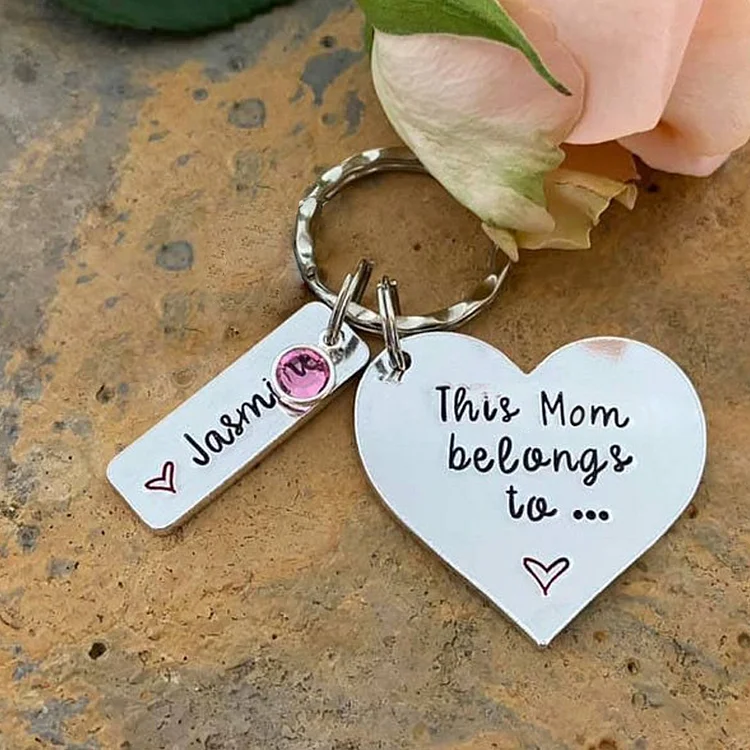 Personalized Keychain With Engraved 1 Name and 1 Birthstone Crystals - Mother's Day Gift