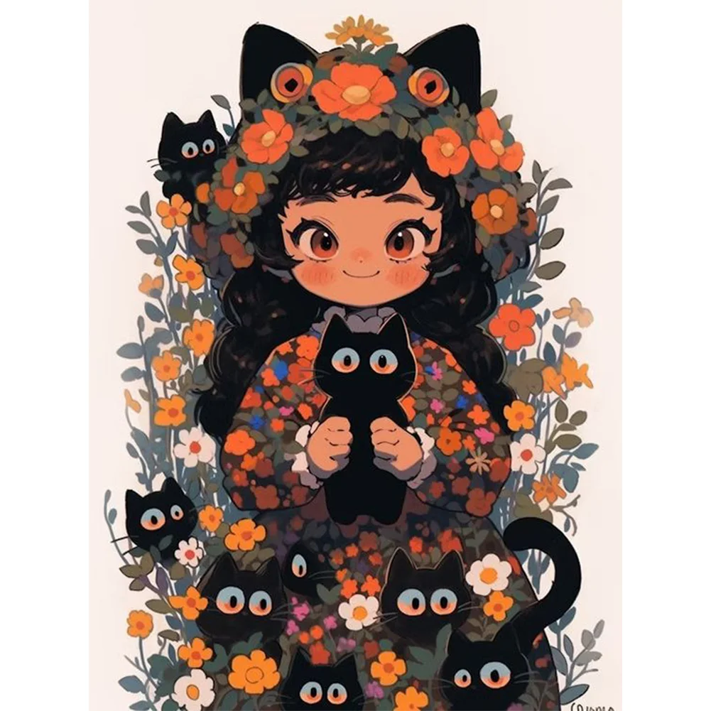 11CT Full Stamped Cross Stitch - Black Cat and Girl(Canvas|45*60CM)