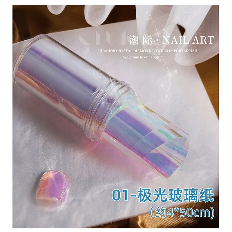 1 Box Aurora Nails Foil Film Sticker Cellophane Paper Korean Nail Glass Foils Trend Design Ice Cube Manicure Nail DIY Decoration