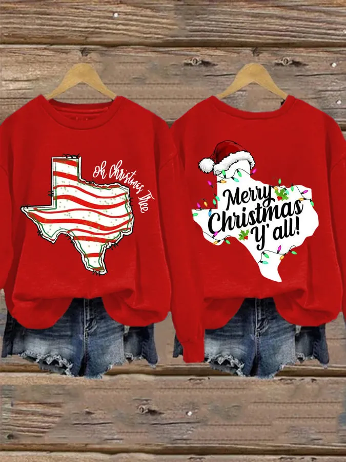 Retro Texas Oh Christmas Tree Merry Christmas Y&rsquo;all Print Sweatshirt 