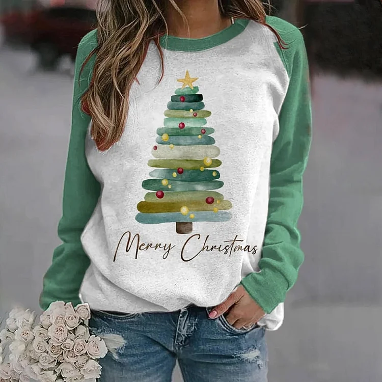 Comstylish Cute Merry Christmas Tree Print Sweatshirt