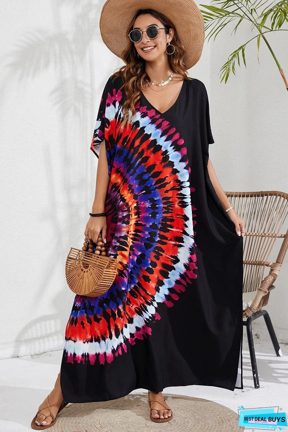 Slit Printed V-Neck Short Sleeve Cover Up