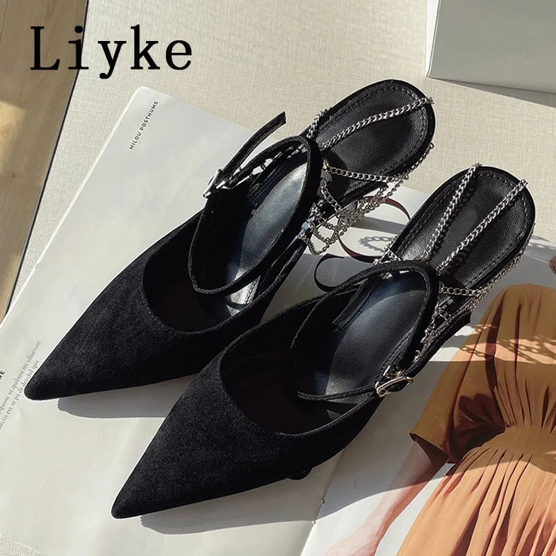 Size 35-40 Woman Pumps High Heels Fashion Chain Decoration Hollow Elegant Stiletto Sandals Pointed Toe Party Shoes For Women