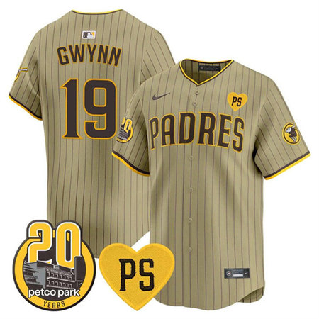 Men's San Diego Padres #19 Tony Gwynn Tan "For Peter" And Petco Park 20th Patch Limited Jersey