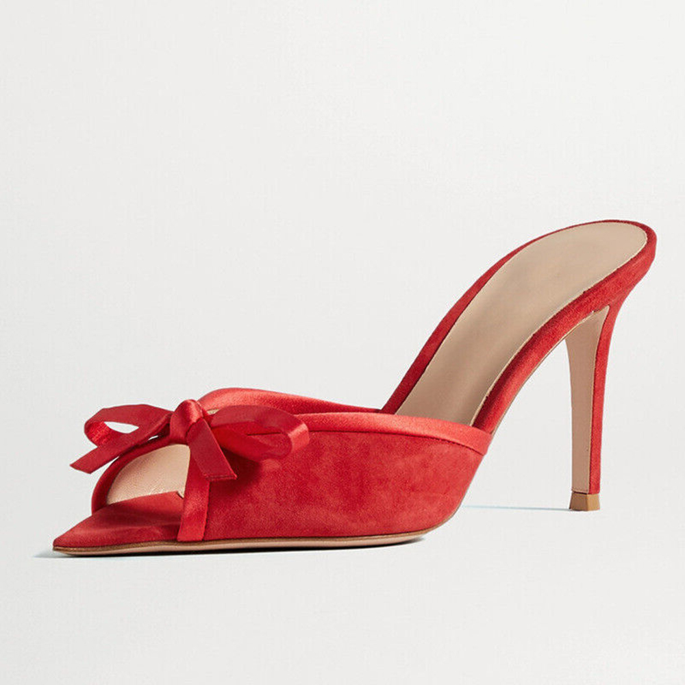 Red Faux Suede Open Toe Stiletto Heel Mules with Bow Nicepairs