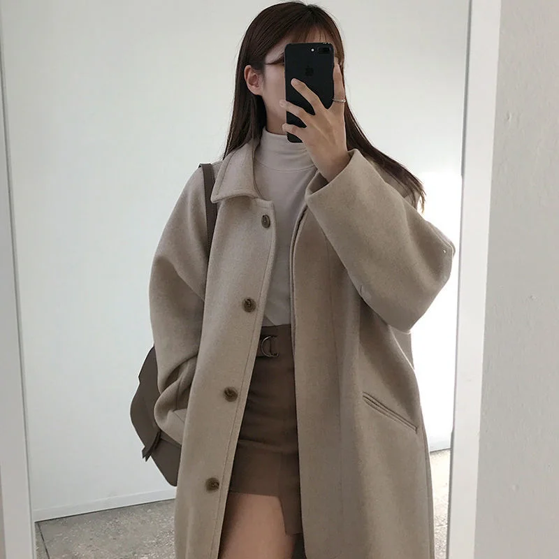 suoifun Long Office Lady Solid Full Loose 2021 New Fashion Women Autumn Winter Korean Single Wool Blend Coat Outwear Overcoats