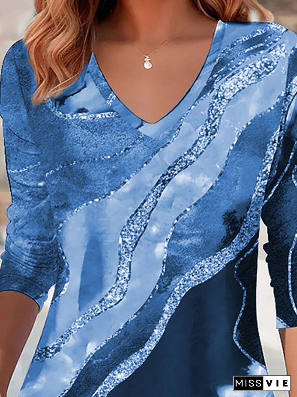 Women Long Sleeve V-neck Striped Colorblock Tops
