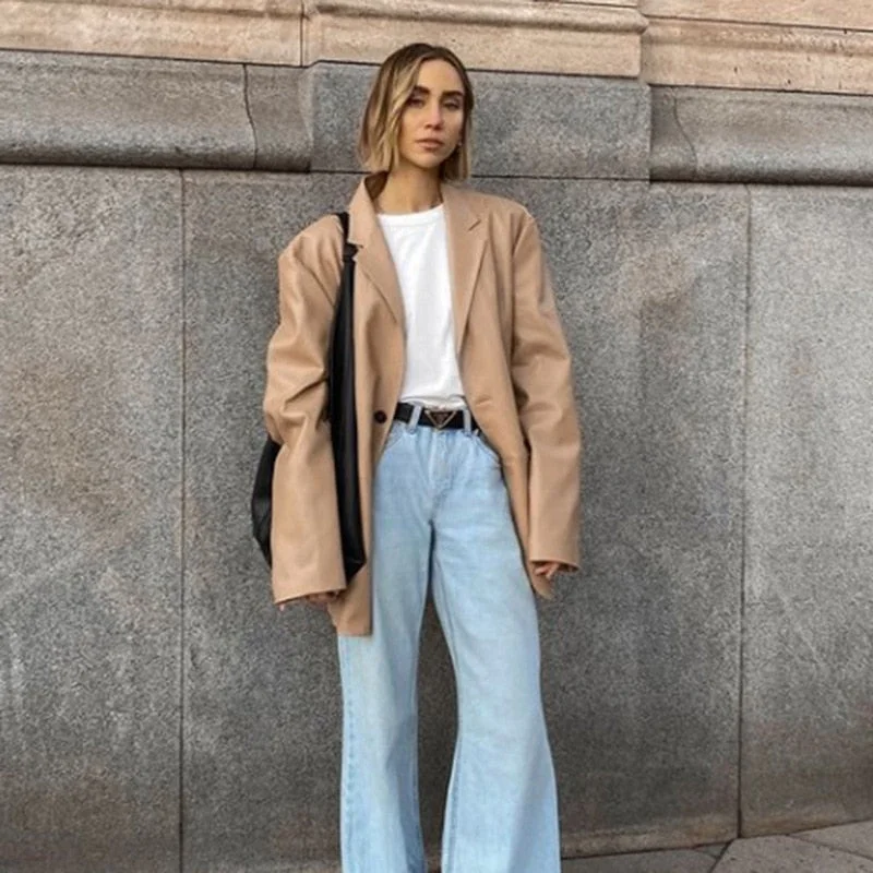 Women Formal Leather Blazers Solid Color Button-Down Collared Suit Jacket Black/ Khaki