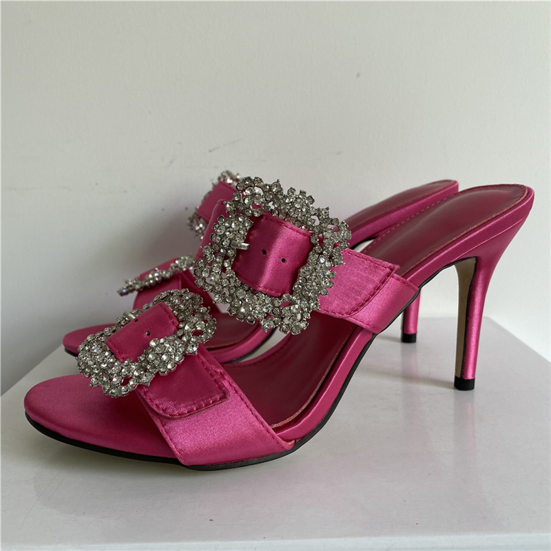 VCSHOES Crystal Buckle Sandals Women Rose Satin Narrow Band Decor Bling Diamond Party Shoes Open Toe Thin High Heel Shoes Woman