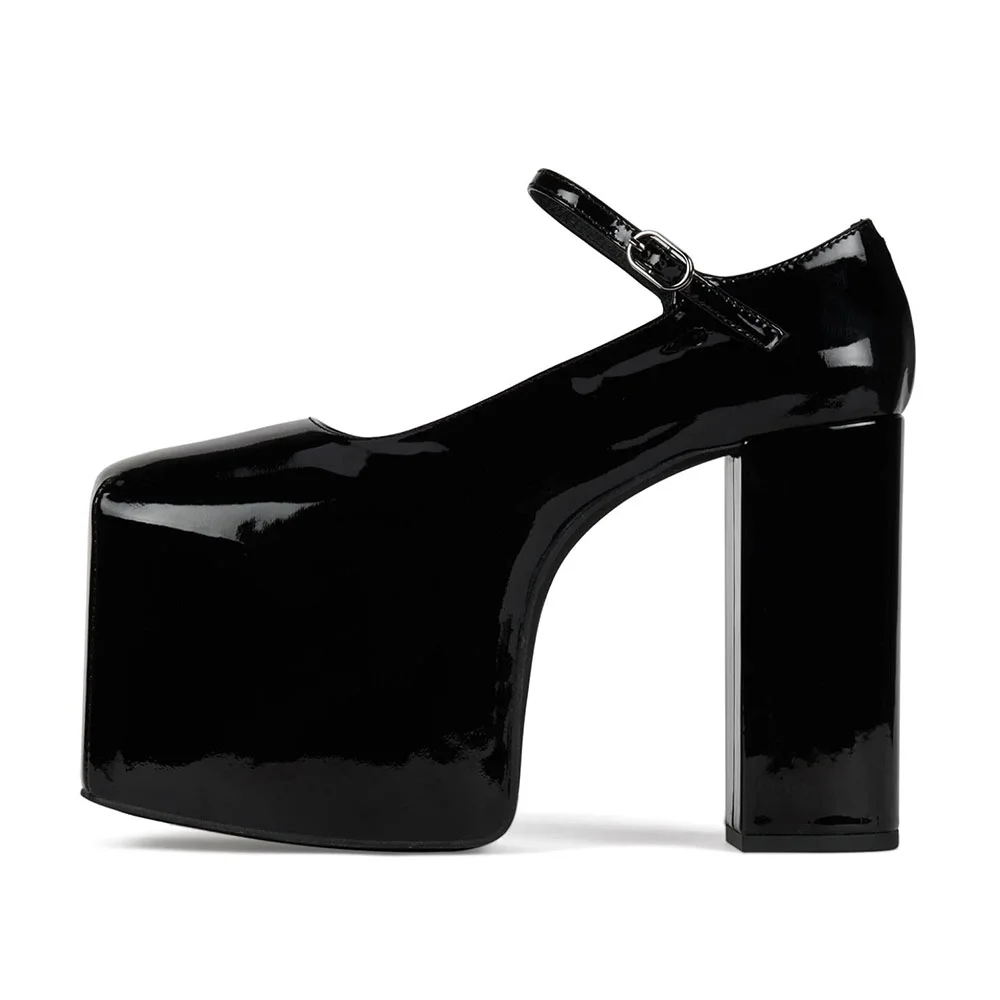 Black Square Toe Chunky Heel Mary Jane Platform Shoes with Buckle