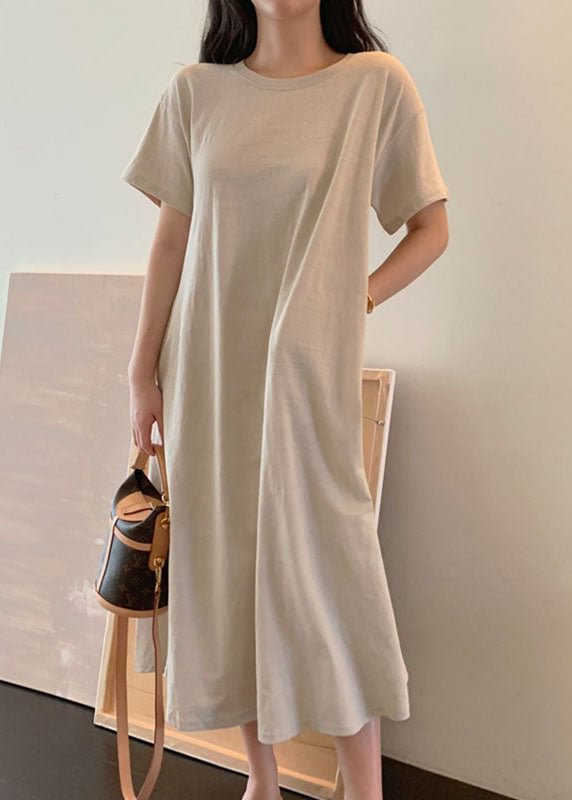 Boho Beige Loose Cotton Maxi Dress Short Sleeve CK444- Fabulory