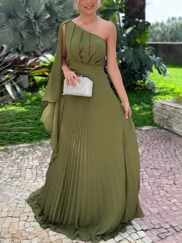 Style & Comfort for Mature Women Women's Off-the-shoulder Sexy High-waist Pleated Ruffled Maxi Dress