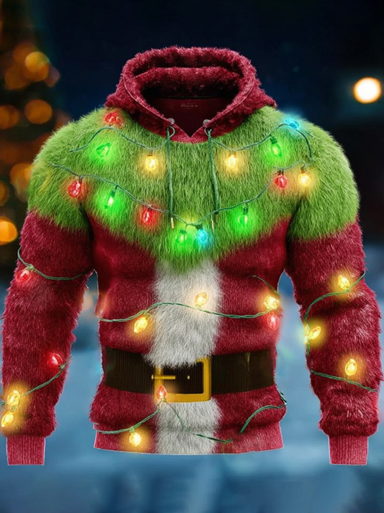 Christmas Lights Santa Claus Contrasting Plush Hooded Sweatshirt elevenforest