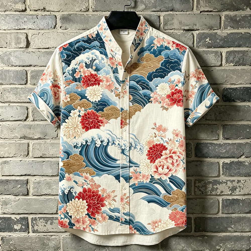 Men's Short-sleeve Button-down Shirt With Japanese Traditional Great Wave And Peony Flower Print  artssus