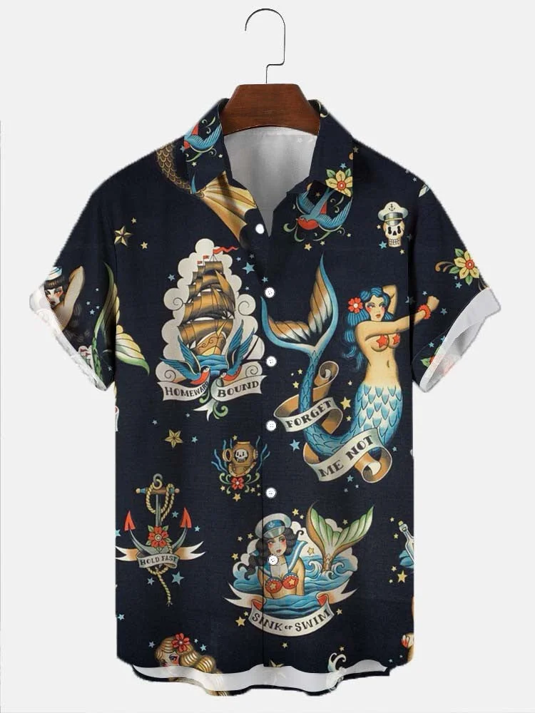 Men's Vintage Mermaid Print Casual Breathable Short Sleeve Hawaiian Shirt socialshop